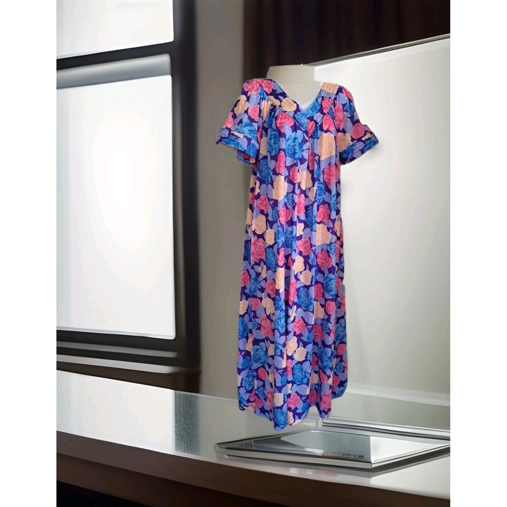 Katz House Dress XL Blue Floral Maxi Kaftan MuMu One Pocket‎ Casual Popover